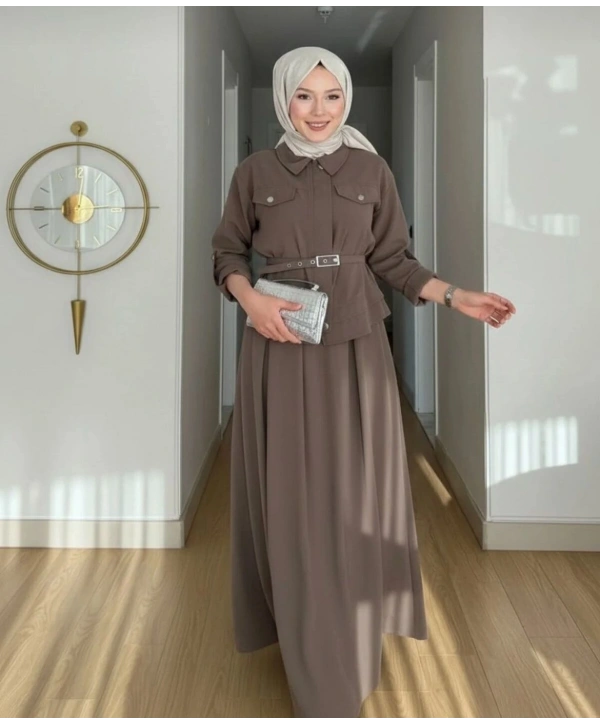 Ece Çıtçıt Kapaklı Fermuarlı Kemerli Etekli Takım - Kahverengi