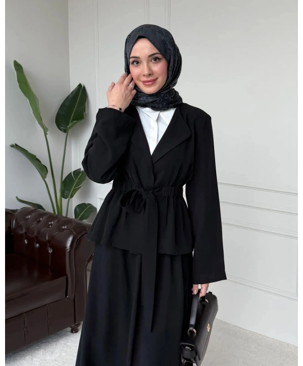 Ayel Kuşaklı Etekli Takım - Siyah