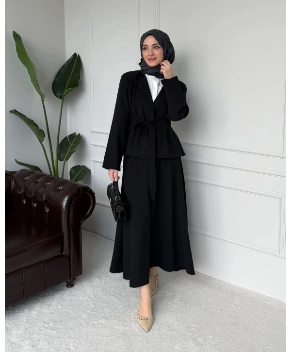 Ayel Kuşaklı Etekli Takım - Siyah