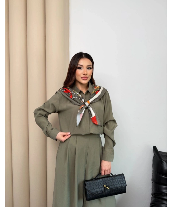 Sare Şal Detaylı Pantolonlu Takım - Yeşil