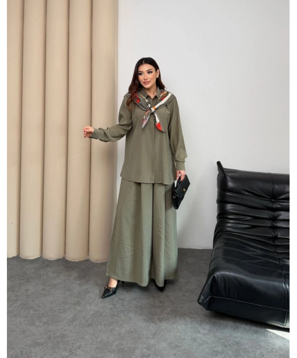 Sare Şal Detaylı Pantolonlu Takım - Yeşil