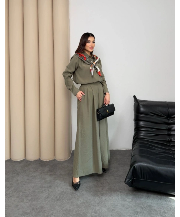 Sare Şal Detaylı Pantolonlu Takım - Yeşil