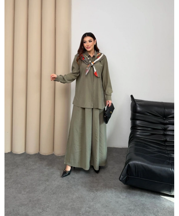 Sare Şal Detaylı Pantolonlu Takım - Yeşil