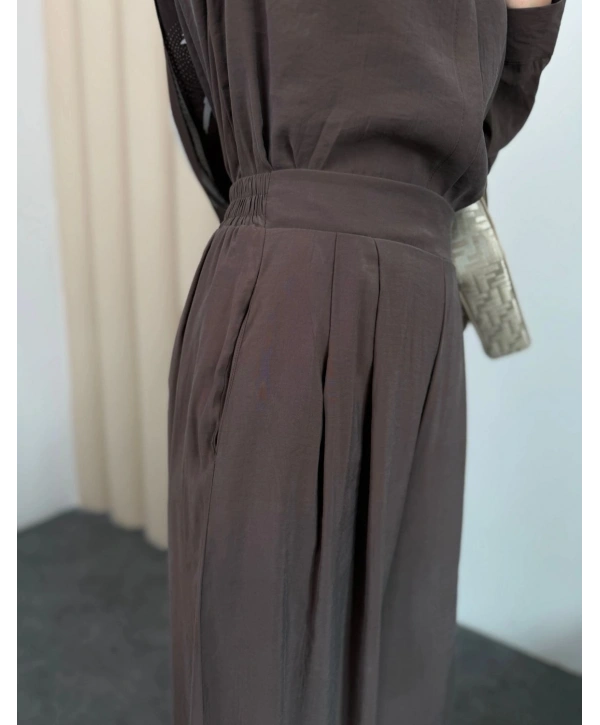 Sare Şal Detaylı Pantolonlu Takım - Kahverengi