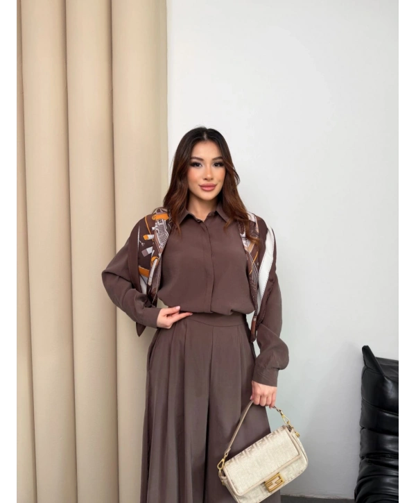 Sare Şal Detaylı Pantolonlu Takım - Kahverengi
