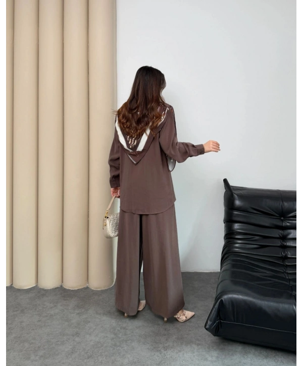 Sare Şal Detaylı Pantolonlu Takım - Kahverengi