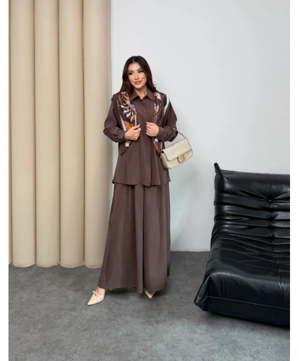 Sare Şal Detaylı Pantolonlu Takım - Kahverengi