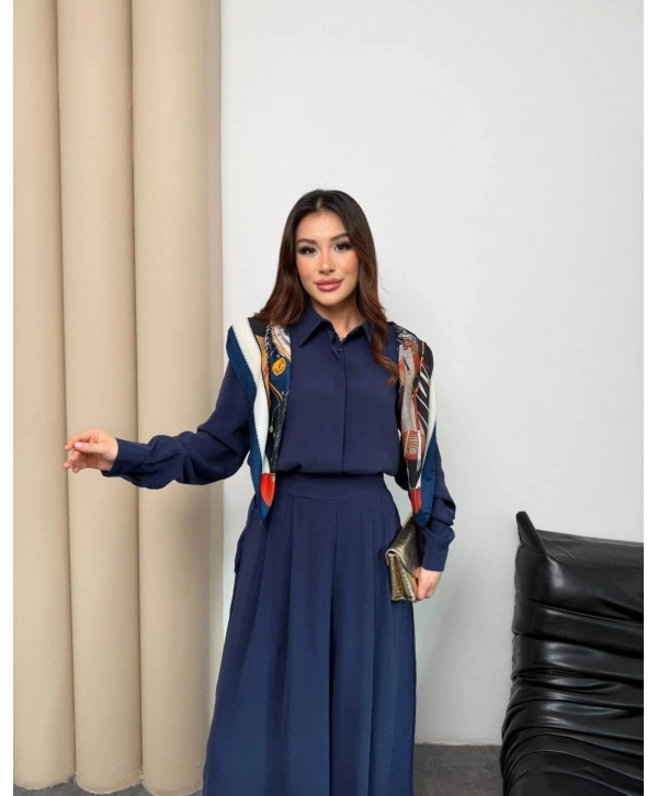 Sare Şal Detaylı Pantolonlu Takım - Lacivert