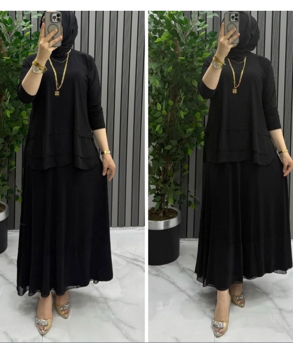 Şifon Detaylı Etekli Takım - Siyah