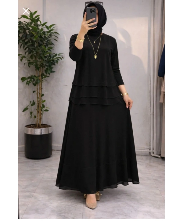 Şifon Detaylı Etekli Takım - Siyah