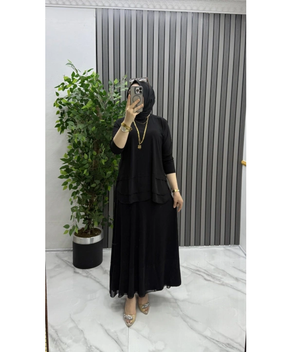 Şifon Detaylı Etekli Takım - Siyah