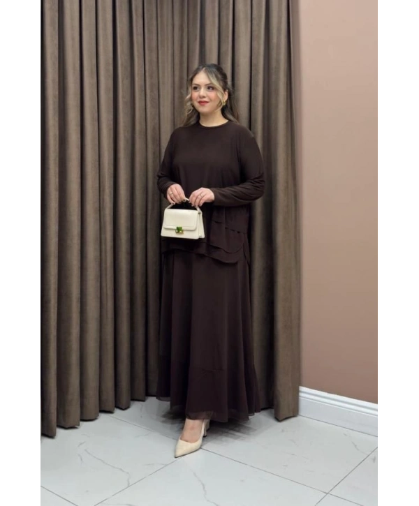 Şifon Detaylı Etekli Takım - Kahverengi