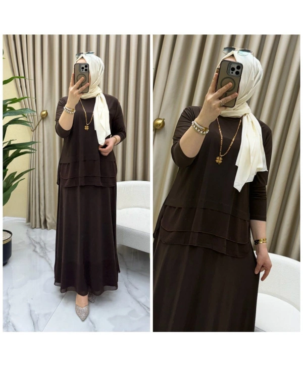 Şifon Detaylı Etekli Takım - Kahverengi