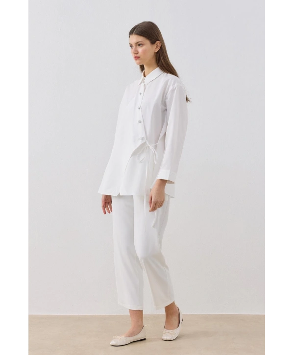 Asimetrik Kesim İnci Düğmeli Gömlek