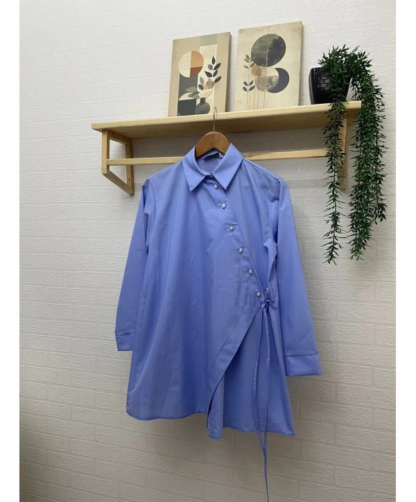 Asimetrik Kesim İnci Düğmeli Gömlek