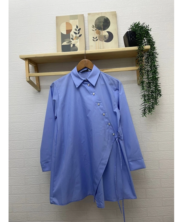 Asimetrik Kesim İnci Düğmeli Gömlek