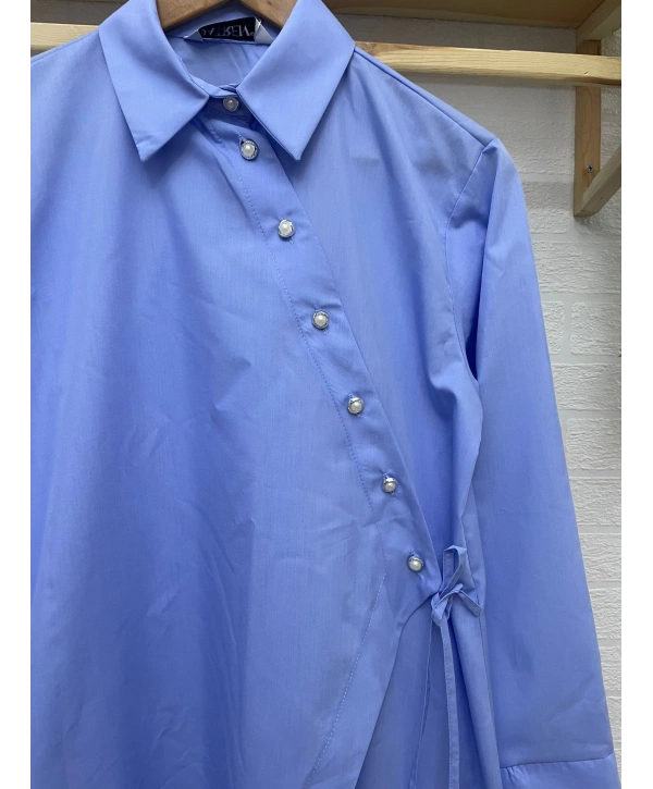 Asimetrik Kesim İnci Düğmeli Gömlek