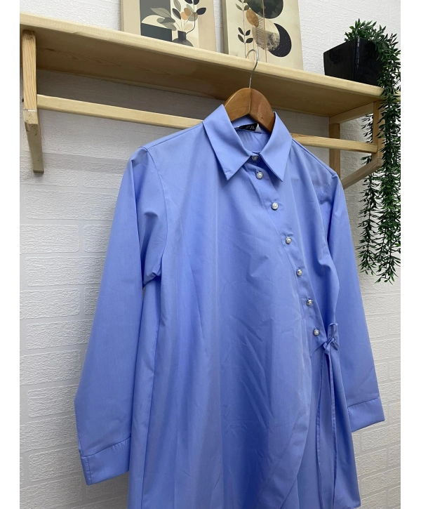 Asimetrik Kesim İnci Düğmeli Gömlek