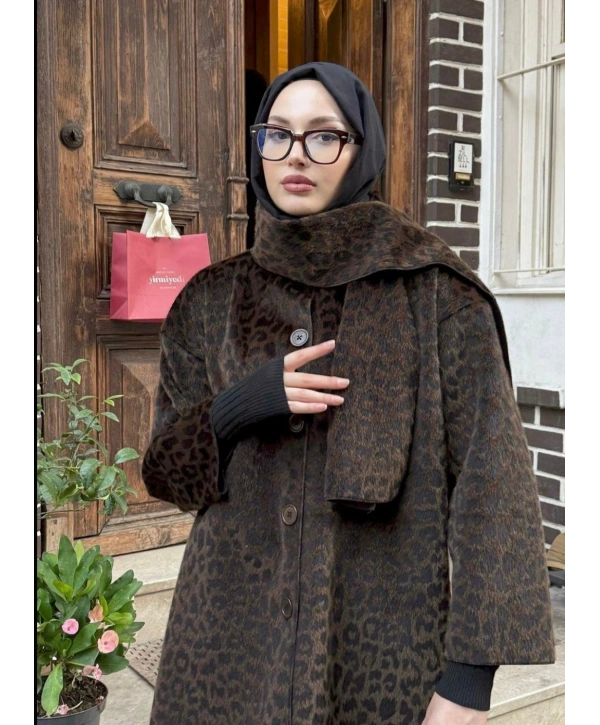 Atkılı Leopar Desen Ceket - Kahverengi