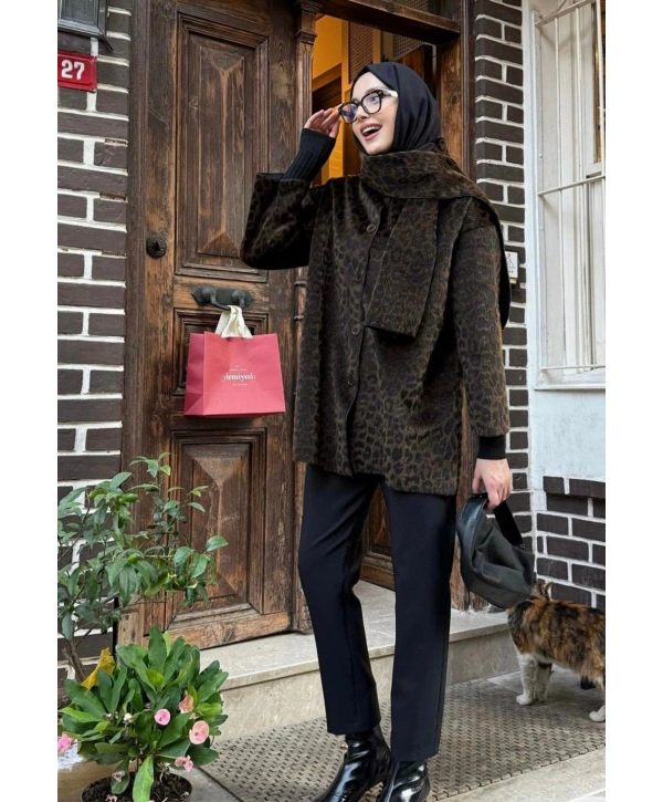 Atkılı Leopar Desen Ceket - Kahverengi