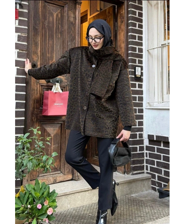 Atkılı Leopar Desen Ceket - Kahverengi