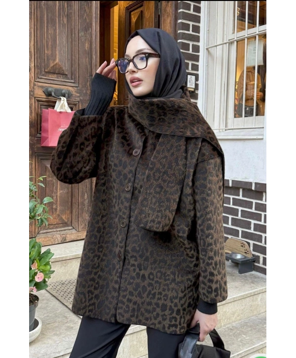 Atkılı Leopar Desen Ceket - Kahverengi