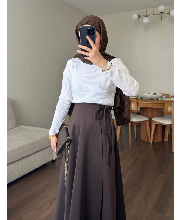 Belden Bağlamalı Scuba Etek - Kahverengi