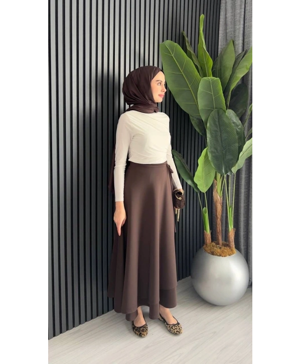 Belden Bağlamalı Scuba Etek - Kahverengi