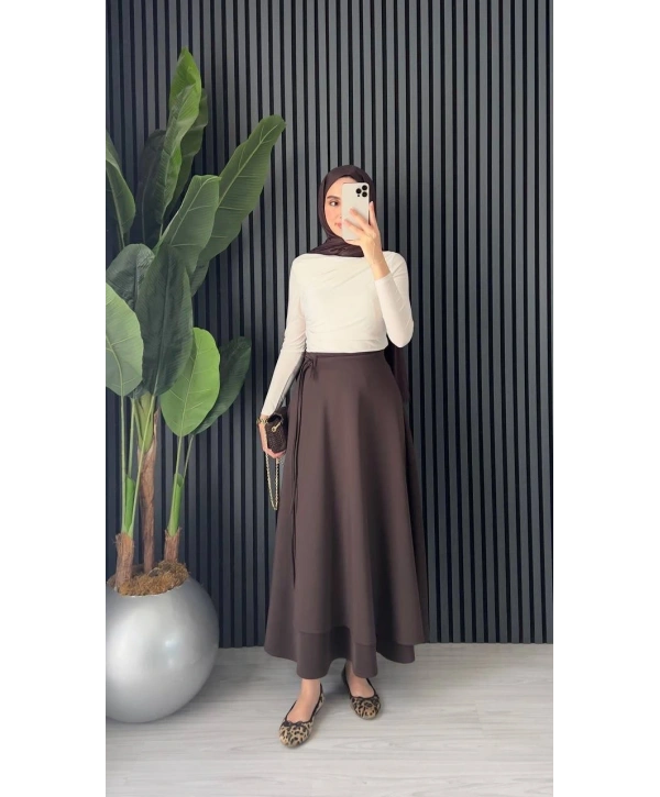 Belden Bağlamalı Scuba Etek - Kahverengi