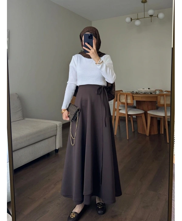 Belden Bağlamalı Scuba Etek - Kahverengi