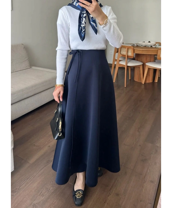 Belden Bağlamalı Scuba Etek - Lacivert