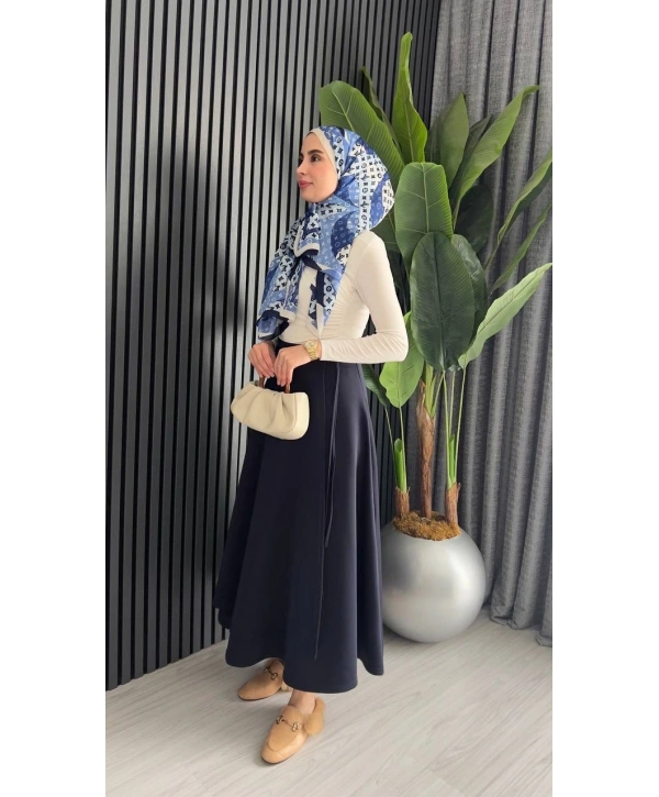 Belden Bağlamalı Scuba Etek - Lacivert