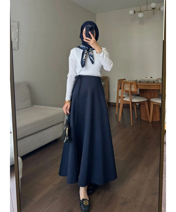 Belden Bağlamalı Scuba Etek - Lacivert