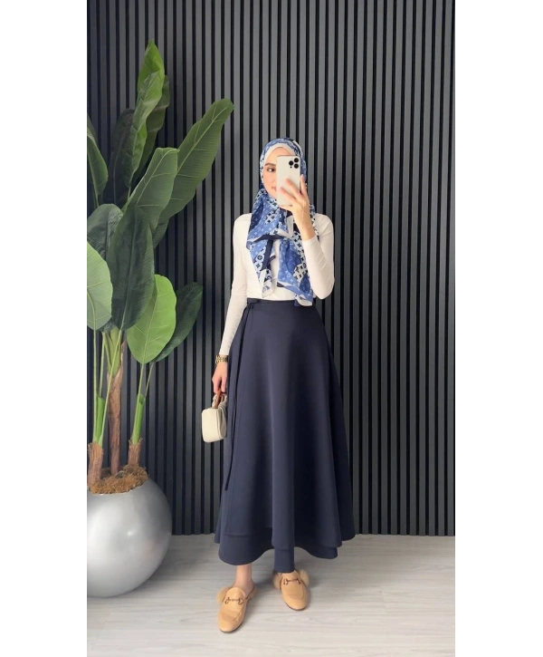 Belden Bağlamalı Scuba Etek - Lacivert