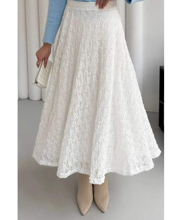 Beli Lastikli Güpür Etek - Beyaz