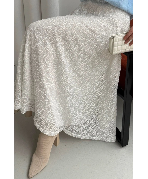 Beli Lastikli Güpür Etek - Beyaz