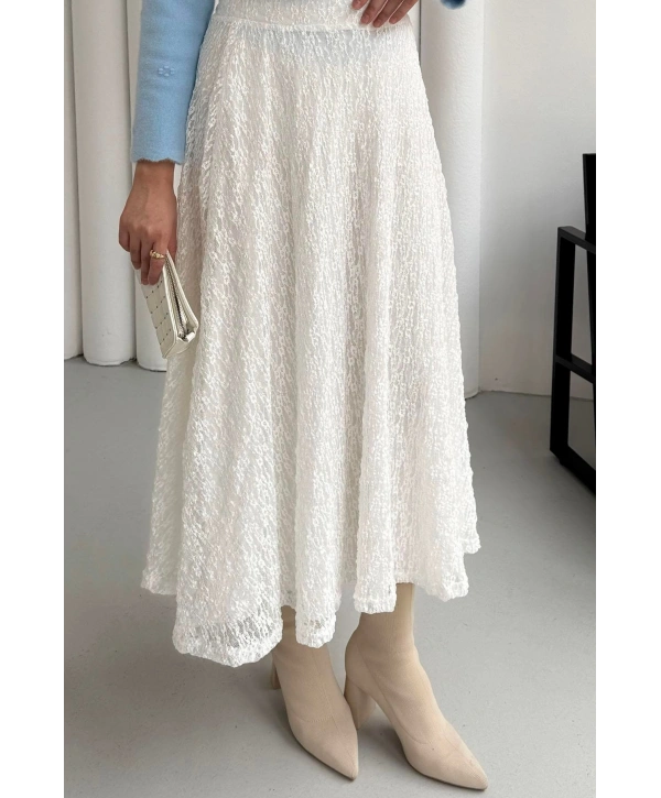 Beli Lastikli Güpür Etek - Beyaz