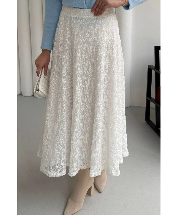Beli Lastikli Güpür Etek - Beyaz
