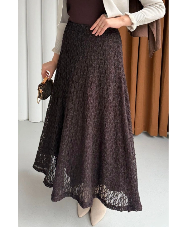 Beli Lastikli Güpür Etek - Kahverengi