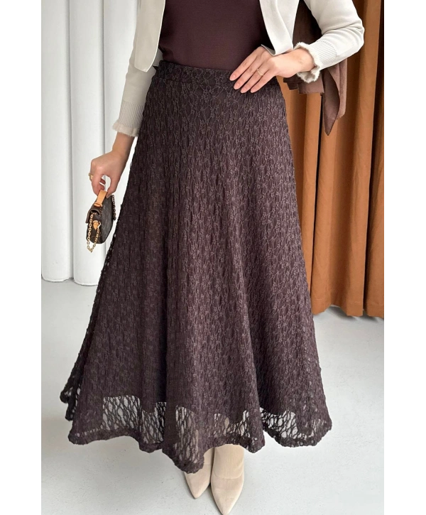 Beli Lastikli Güpür Etek - Kahverengi