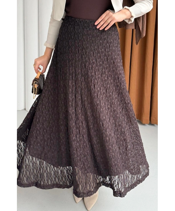 Beli Lastikli Güpür Etek - Kahverengi