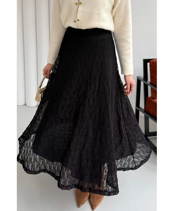 Beli Lastikli Güpür Etek - Siyah