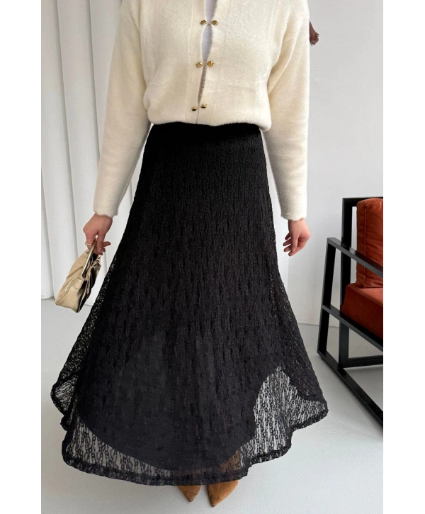 Beli Lastikli Güpür Etek - Siyah