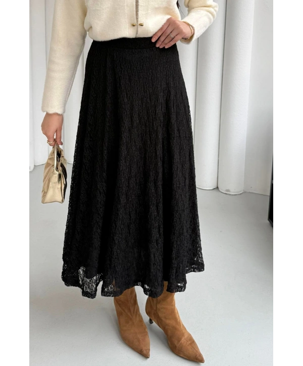 Beli Lastikli Güpür Etek - Siyah
