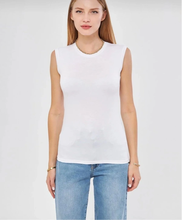 Bisiklet Yaka Kolsuz Badi - Beyaz