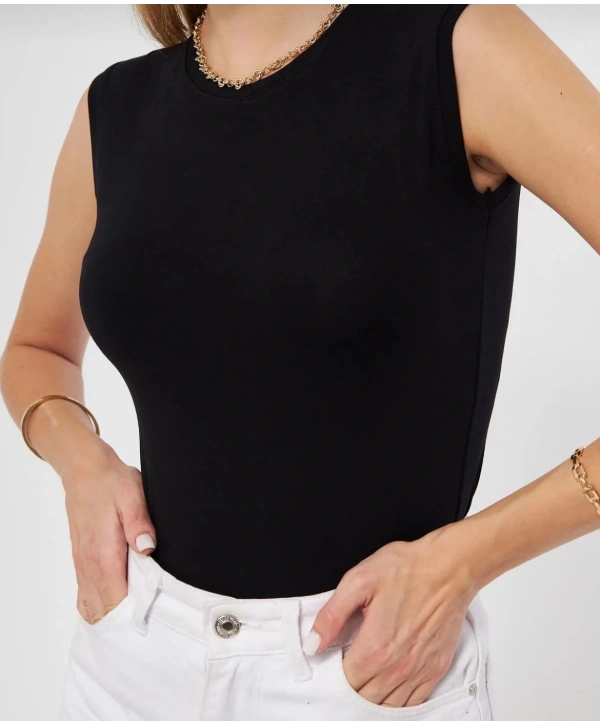 Bisiklet Yaka Kolsuz Badi - Siyah