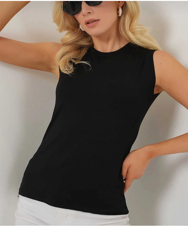 Bisiklet Yaka Kolsuz Badi - Siyah