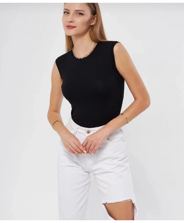 Bisiklet Yaka Kolsuz Badi - Siyah