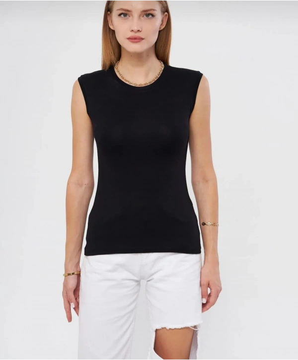 Bisiklet Yaka Kolsuz Badi - Siyah