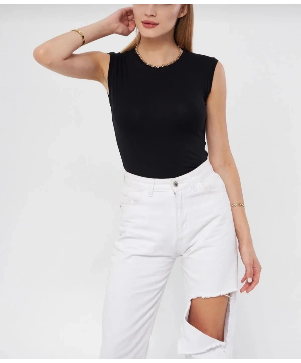 Bisiklet Yaka Kolsuz Badi - Siyah